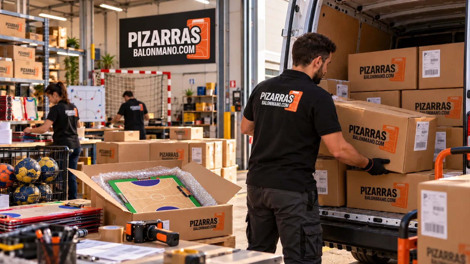 Handball board warehouse and boxes being loaded for shipping