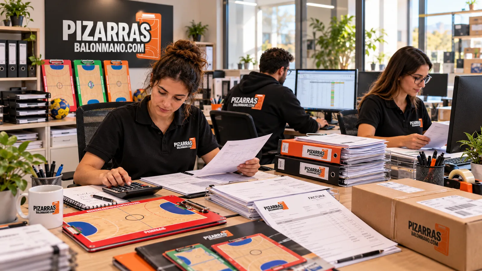Workshop office handling handball board orders and invoices