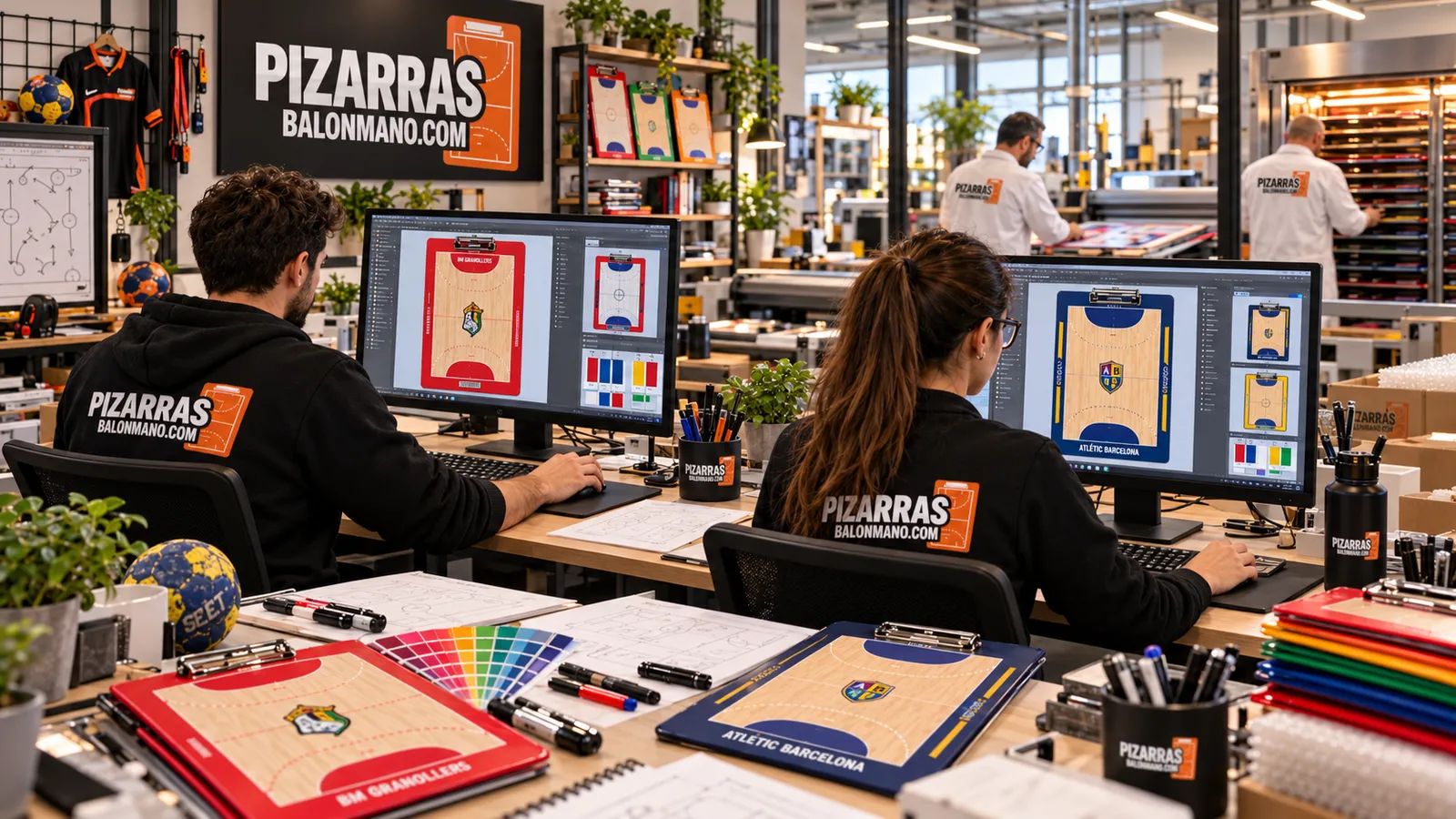 Designers preparing custom handball boards on screen
