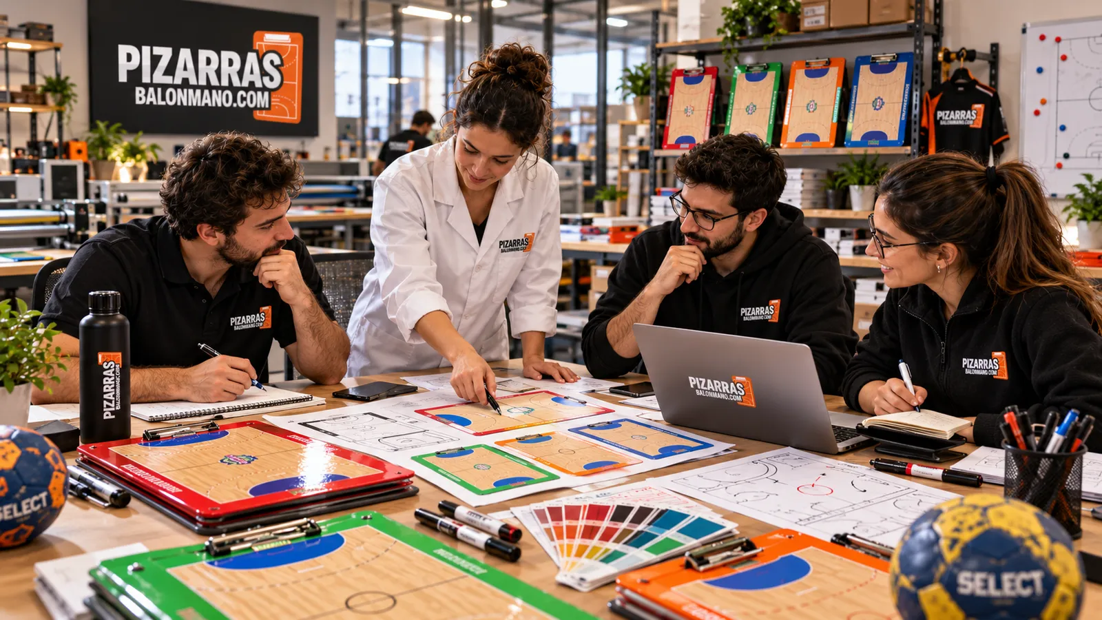 Design meeting with handball boards and colour charts on the table