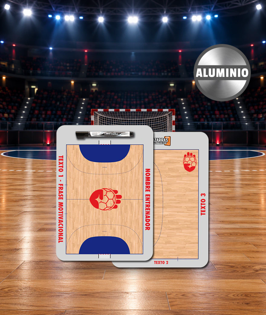 Casual Aluminium handball coaching board, front and back, on the court of a sports hall
