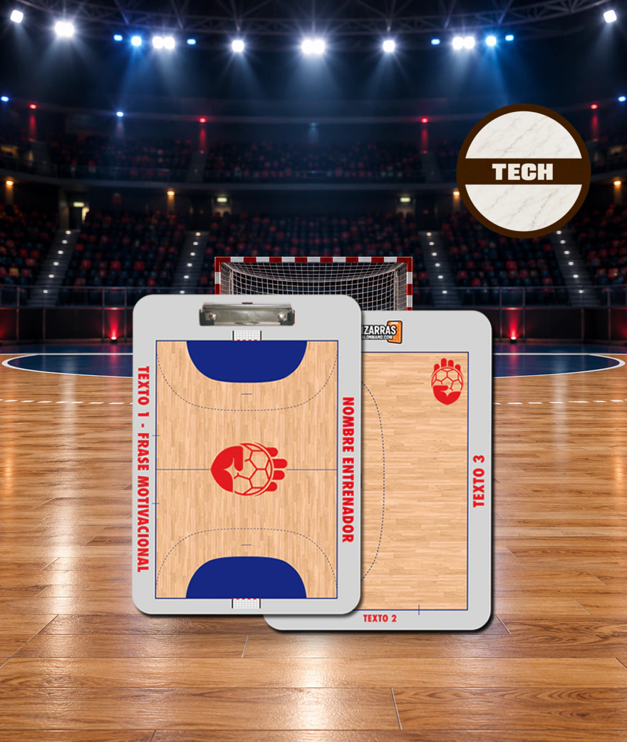 Casual Tech handball coaching board, front and back, on the court of a sports hall