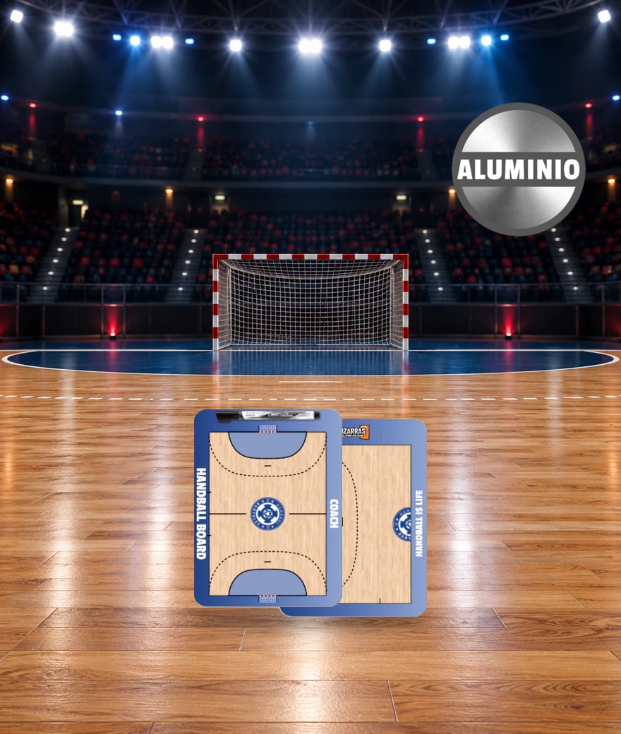 Pocket Aluminium handball coaching board, front and back, on the court of a sports hall
