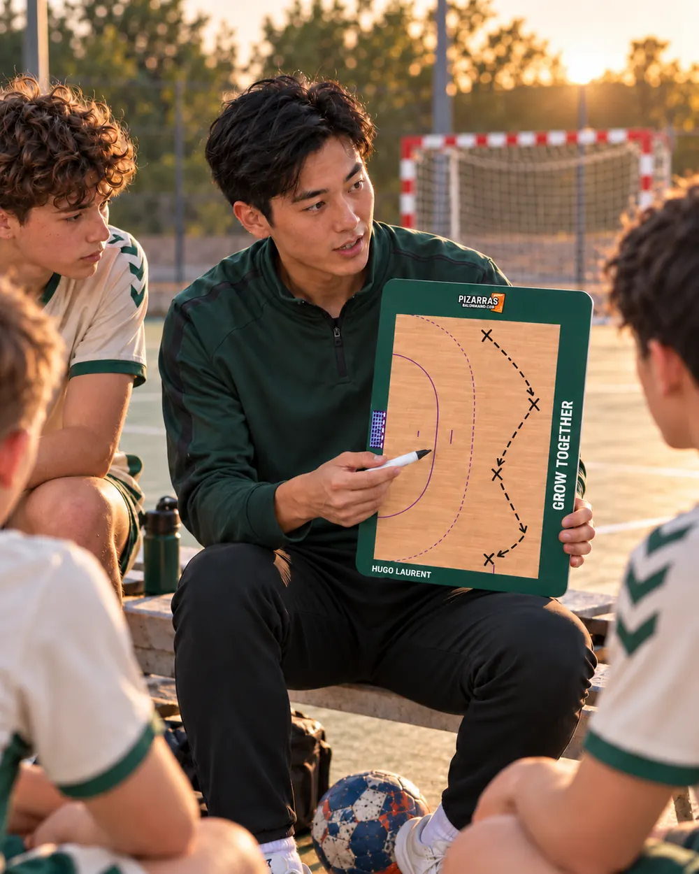 A handball coach explains a play on the whiteboard to his team on an outdoor court at sunset