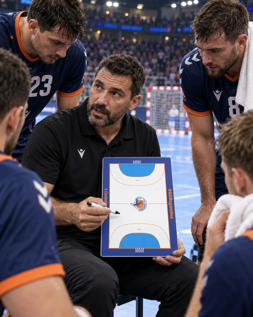 A handball coach points out a play on the whiteboard during training